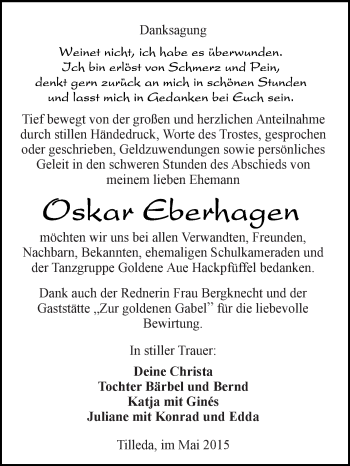 Traueranzeige von Oskar Eberhagen von Super Sonntag SGH Mansf. Land
