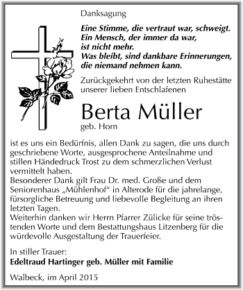 Traueranzeige von Berta Müller von Mitteldeutsche Zeitung Mansfelder Land