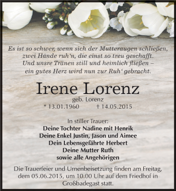 Traueranzeige von Irene Lorenz von Mitteldeutsche Zeitung Köthen