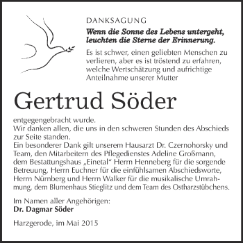 Traueranzeige von Gertrud Söder von Super Sonntag Quedlinburg