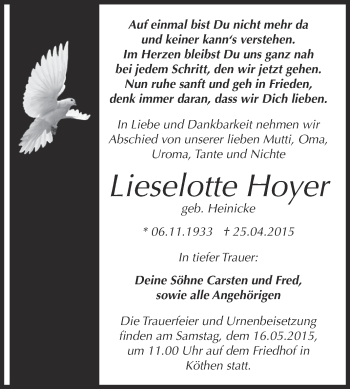 Traueranzeige von Lieselotte Hoyer von WVG - Wochenspiegel Dessau / Köthen