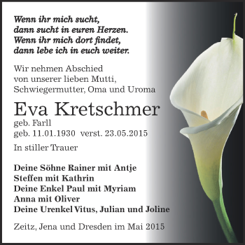 Traueranzeige von Eva Kretschmer von Super Sonntag Zeitz
