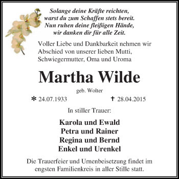 Traueranzeige von Martha Wilde von WVG - Wochenspiegel Dessau / Köthen