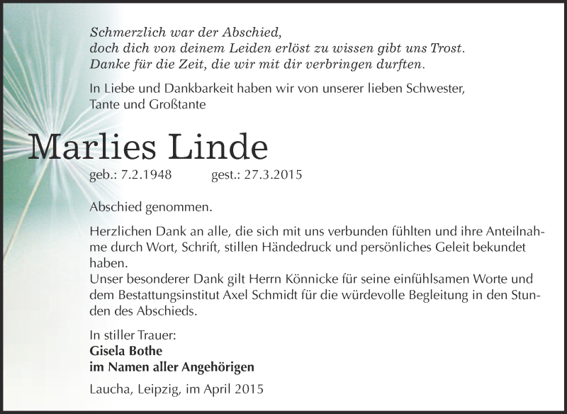  Traueranzeige für Marlies Linde vom 06.05.2015 aus WVG - Wochenspiegel NMB / WSF / ZTZ