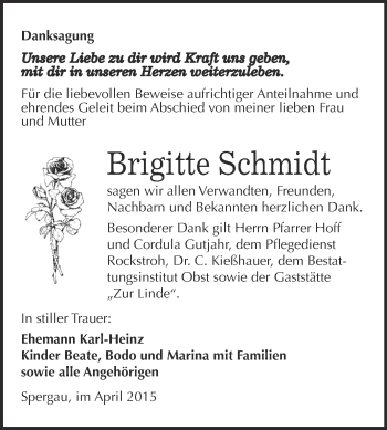 Traueranzeige von Brigitte Schmidt von Super Sonntag Merseburg