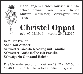 Traueranzeige von Christel Oppat von Super Sonntag Bernburg