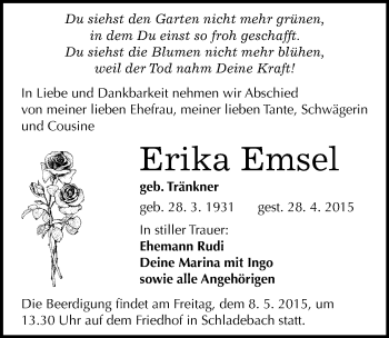 Traueranzeige von Erika Emsel von Mitteldeutsche Zeitung Merseburg/Querfurt