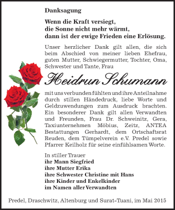 Traueranzeige von Heidrun Schumann von Mitteldeutsche Zeitung Zeitz