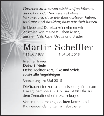 Traueranzeige von Martin Scheffler von WVG - Wochenspiegel Merseburg