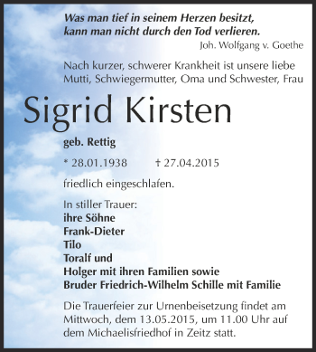 Traueranzeige von Sigrid Kirsten von Super Sonntag Zeitz