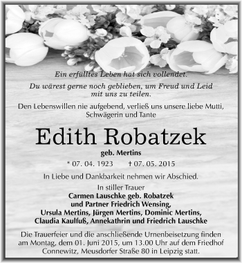 Traueranzeige von Edith Robatzek von Mitteldeutsche Zeitung Quedlinburg