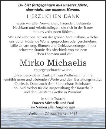 Traueranzeige von Mirko Michaelis von WVG - Wochenspiegel Dessau / Köthen