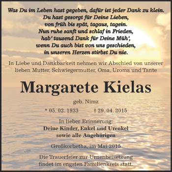 Traueranzeige von Margarete Kielas von WVG - Wochenspiegel NMB / WSF / ZTZ