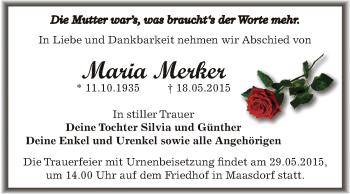 Traueranzeige von Maria Merker von WVG - Wochenspiegel Dessau / Köthen
