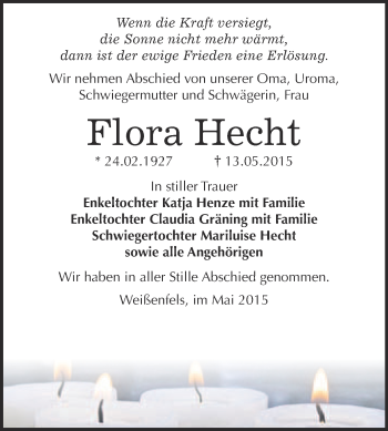 Traueranzeige von Flora Hecht von WVG - Wochenspiegel NMB / WSF / ZTZ