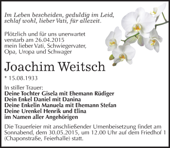 Traueranzeige von Joachim Weitsch von Mitteldeutsche Zeitung Dessau-Roßlau
