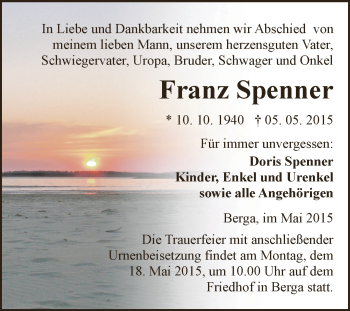 Traueranzeige von Franz Spenner von WVG - Wochenspiegel SGH
