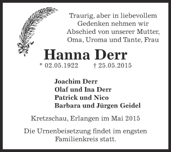 Traueranzeige von Hanna Derr von Super Sonntag Zeitz