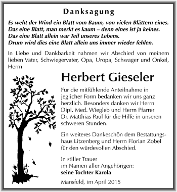 Traueranzeige von Herbert Gieseler von Mitteldeutsche Zeitung Mansfelder Land