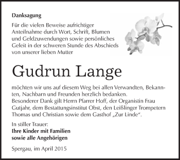Traueranzeige von Gudrun Lange von WVG - Wochenspiegel Merseburg