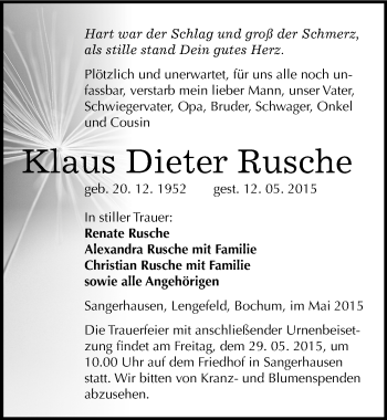 Traueranzeige von Klaus Dieter Rusche von Mitteldeutsche Zeitung Sangerhausen