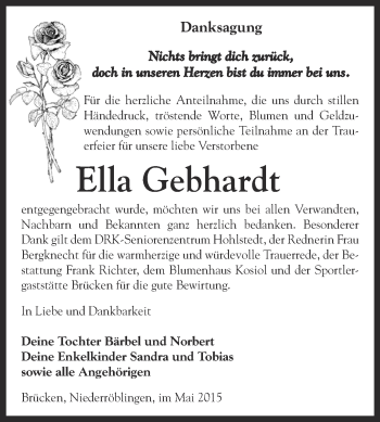 Traueranzeige von Ella Gebhardt von Super Sonntag SGH Mansf. Land