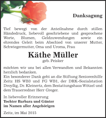 Traueranzeige von Käthe Müller von Super Sonntag Zeitz