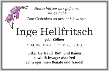 Traueranzeige von Inge Hellfritsch von Mitteldeutsche Zeitung Halle/Saalkreis