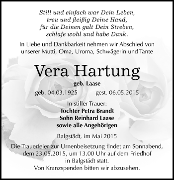Traueranzeige von Vera Hartung von Mitteldeutsche Zeitung Naumburg/Nebra
