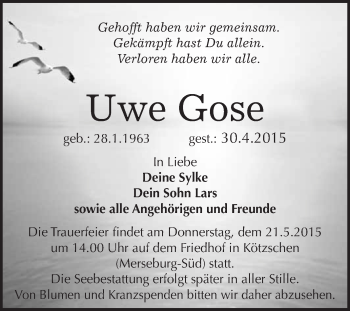 Traueranzeige von Uwe Gose von WVG - Wochenspiegel Merseburg