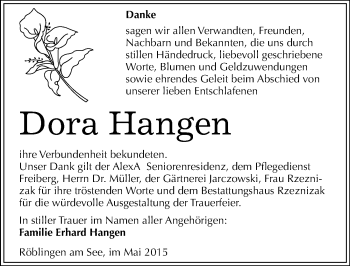Traueranzeige von Dora Hangen von Mitteldeutsche Zeitung Mansfelder Land