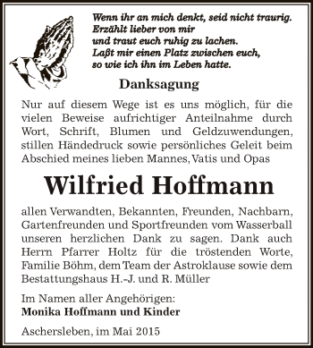 Traueranzeige von Wilfried Hoffmann von Super Sonntag Aschersleben