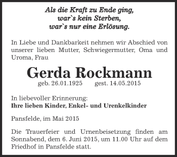Traueranzeige von Gerda Rockmann von Super Sonntag SGH Mansf. Land