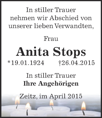Traueranzeige von Anita Stops von Super Sonntag Zeitz