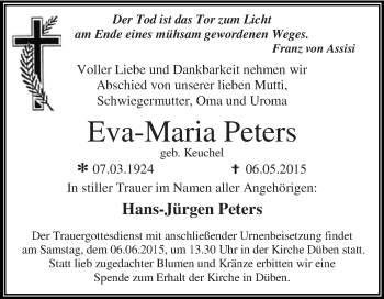Traueranzeige von Eva-Maria Peters von WVG - Wochenspiegel Dessau / Köthen