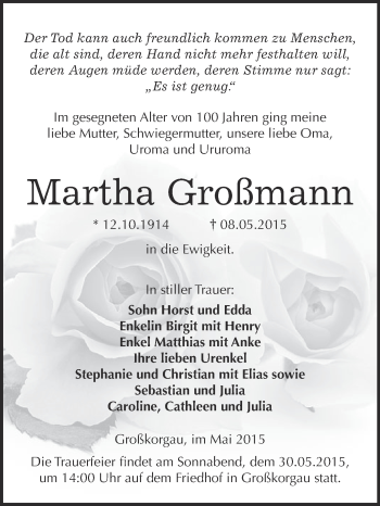 Traueranzeige von Martha Großmann von WVG - Wochenspiegel Wittenberg