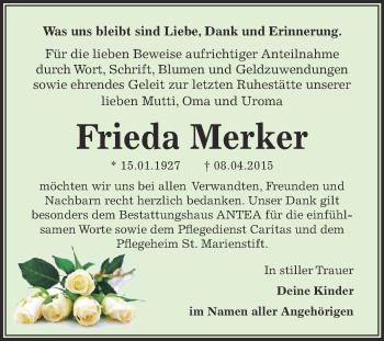 Traueranzeige von Frieda Merker von Super Sonntag Zeitz
