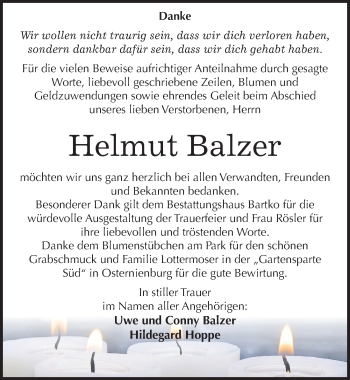 Traueranzeige von Helmut Balzer von Mitteldeutsche Zeitung Köthen