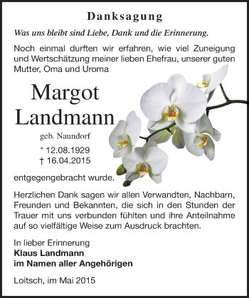 Traueranzeige von Margot Landmann von Mitteldeutsche Zeitung Zeitz