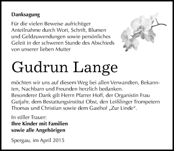 Traueranzeige von Gudrun Lange von Mitteldeutsche Zeitung Merseburg/Querfurt