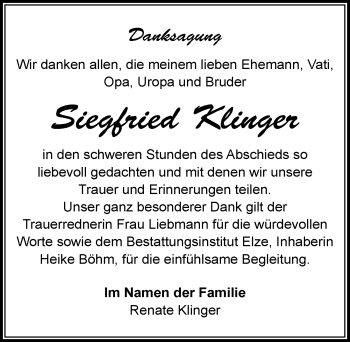 Traueranzeige von Siegfired Klinger von Mitteldeutsche Zeitung Dessau-Roßlau
