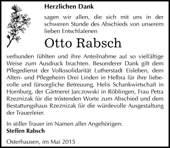 Traueranzeige von Otto Rabsch von Mitteldeutsche Zeitung Mansfelder Land