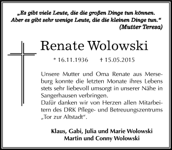 Traueranzeige von Renate Wolowski von Mitteldeutsche Zeitung Sangerhausen