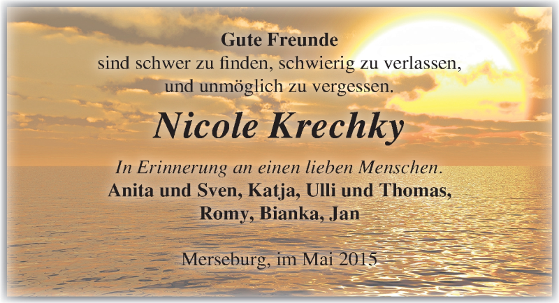  Traueranzeige für Nicole Krechky vom 09.05.2015 aus Mitteldeutsche Zeitung Merseburg/Querfurt