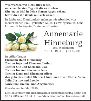 Traueranzeige von Annemarie Hinneberg von Super Sonntag Aschersleben