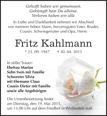 Traueranzeige von Fritz Kahlmann von Mitteldeutsche Zeitung Weißenfels