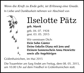 Traueranzeige von Iselotte Pätz von Mitteldeutsche Zeitung Wittenberg