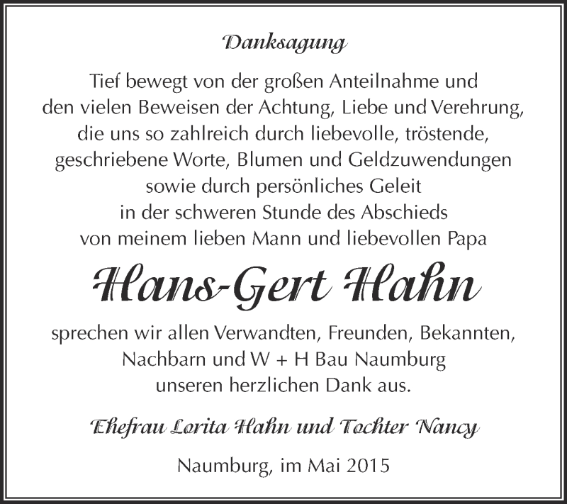  Traueranzeige für Hans-Gert Hahn vom 06.05.2015 aus WVG - Wochenspiegel NMB / WSF / ZTZ