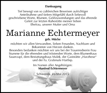 Traueranzeige von Marianne Echtermeyer von Mitteldeutsche Zeitung Sangerhausen