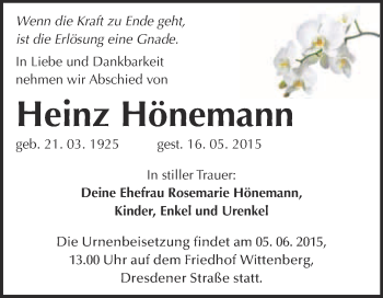 Traueranzeige von Heinz Hönemann von Super Sonntag Wittenberg